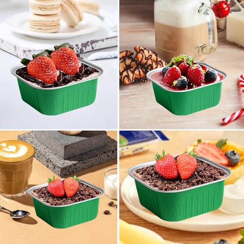 50 Pcs Mini Square Baking Cups with Lids,5oz Aluminum Foil Mini Cake Pans with Lids,Disposable Ramekins Cake Pans,150ml Dessert Cups Cupcake Pans for Wedding Birthday Party,Dark Green - color: Dark Green, size: 5oz