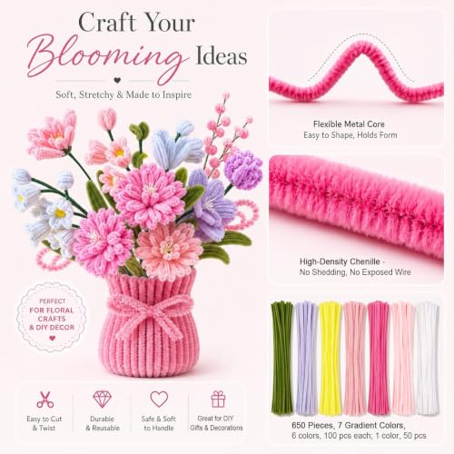 976PCS Pink Pipe Cleaner Flower Kit,7 Colors Soft Chenille Stems - color: Pink colour