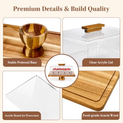 Cake Stand, 2 in-1 Cake Stand with Lid, 16” x 12.4” Acacia Wood Cake Holder