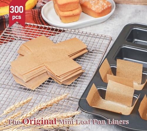 Webake 300pcs Unbleached Parchment Paper Mini Loaf Pan Liners Compatible with Wilton Mini Loaf Pan, Original Precut, Non Toxic Baking Paper for Banana Bread - color: Brown 3x2