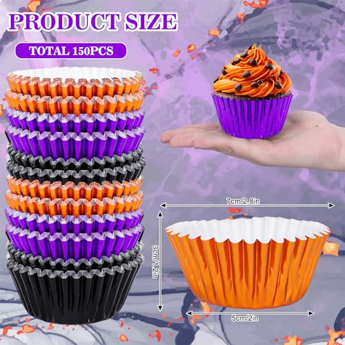Whaline 150Pcs Halloween Foil Cupcake Liners Black Purple Orange Foil Metallic Cupcake Wrappers Muffin Liners for Halloween Party Supplies Table Decor - color: Black Purple Orange