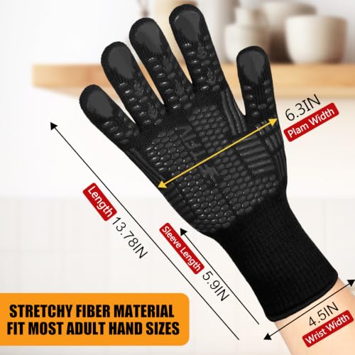 BBQ Gloves, 1472°F Heat Resistant with Silicone Grip Oven Mitts - color: Black, size: Long (Glove L 13.78" × Palm W 6.33")
