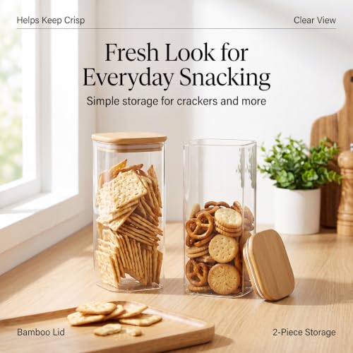 Cracker and Cookie Keeper, 2 Pack Glass Cookie Jar with Wooden Lids