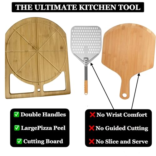 Wooden Pizza Peel & Round Cutting Board | Dual-Grip 2-in-1 Bamboo Pizza Paddle Board for Baking, Pizza Spatula & Large Cutting Board for Pizza | Pizza Turning Peel for Baking Accessories, 17” X 13.5”