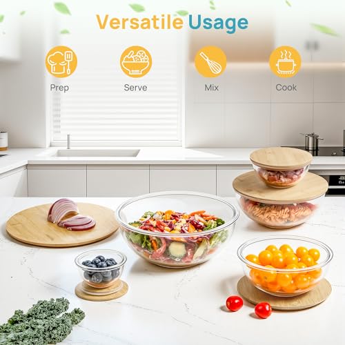 Vtopmart 5 Pack Glass Mixing Bowls with Bamboo Lids, Nesting Set - style: 5-piece set
