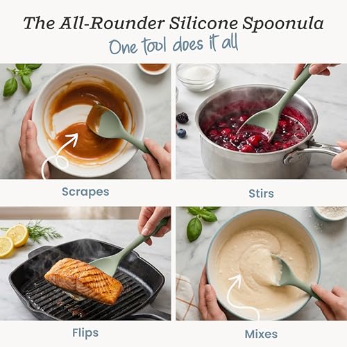 StarPack Silicone Spoonula The All-Rounder 11 Inch - LFGB Spoon Spatula, 600°F Heat Resistant, BPA-Free - One-Piece Seamless, Dishwasher Safe - for Nonstick Cookware, Sage Green - color: Sage Green, size: Standard 11"