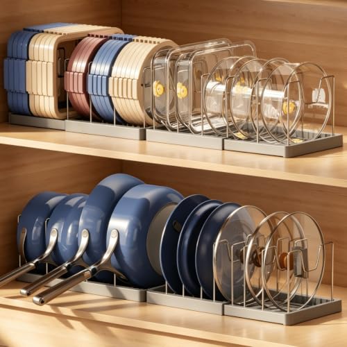 Magheo 2 Pack Expandable Food Storage Container Lid Organizers, 31.3" Pots and Pans Organizer Under Cabinet with 12 Adjustable Dividers Pot and Pan Lid Holders Rack Inside Cabinet(Gray) - color: Gray, size: (2 Pack)31.3"D x 7.9"W x 5.9"H