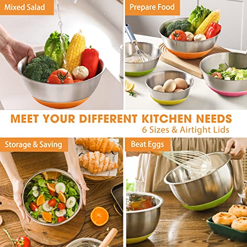 Umite Chef Mixing Bowls with Airtight Lids, 6 Piece Stainless Steel Metal Bowls, Measurement Marks & Colorful Non-Slip Bottoms Size 7, 3.5, 2.5, 2.0,1.5, 1QT, Great for Mixing & Serving - color: Multicolor