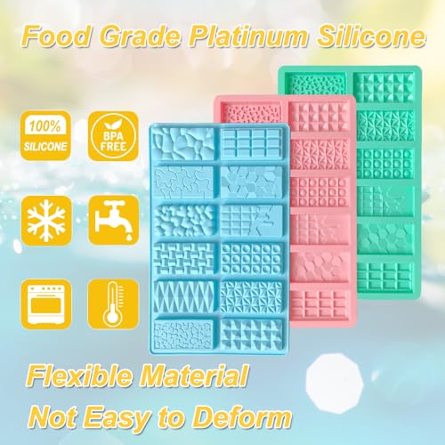 3Pcs Mini Silicone Chocolate Bar Molds, 12 Different Cavities Break Apart Non-stick Chocolate Bar Candy Jello Crayon Gummy Soap Molds 0.39” Thickness Wax Melt Molds for Milk Pistachio Chocolate Bar