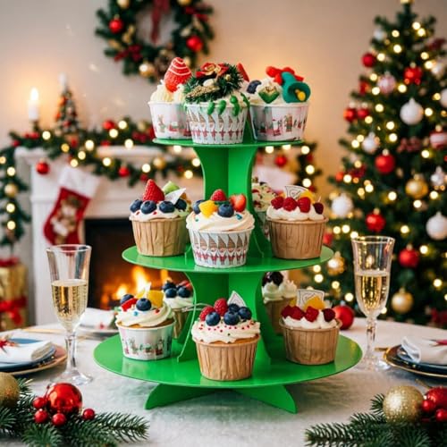 YLDW Cupcake Stand, 3-Tier Cupcake Stand Display, Cardboard Cup Cake Tower Stand, Disposable Dessert Stand for Birthday Tea Party Baby Shower Treat Decorations, Green - color: Green