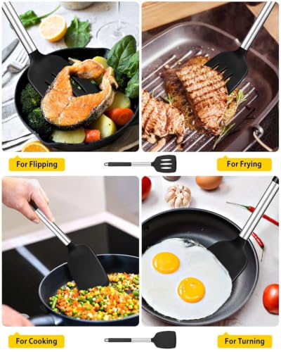 Pack of 2 Silicone Solid Turner, Non Stick Slotted Kitchen Spatulas, High Heat Resistant BPA Free Cooking Utensils, Ideal Cookware for Fish, Eggs, Pancakes(Black) - color: Black