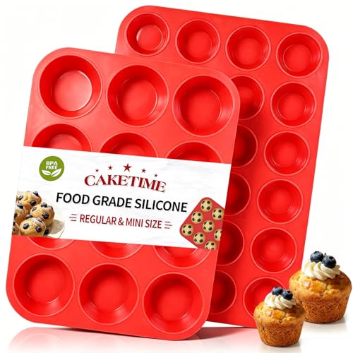 Silicone Muffin Pan, Mini Muffin Pan, Regular 12 Cups and Mini 24 Cups Cupcake Tin Set of 2 for Baking Egg Bites - size: 24-Cup Mini & 12-Cup Regular