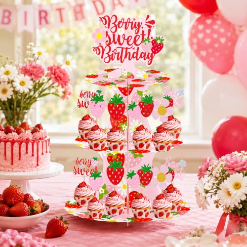 Berry Sweet Birthday Cupcake Stand Set, 12 Glitter Cupcake Toppers
