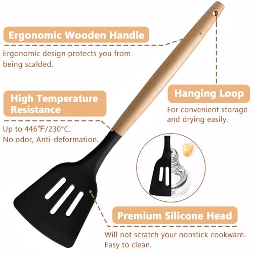 Silicone Kitchen Utensils Set of 6, Cooking Utensils Set with Heat Resistant Wooden Handle, Nonstick Silicone Spatula Spoon Turner Ladle, Cooking Kitchen Gadget for Cookware & Baking BPA FREE - color: Black, size: Standard 6-Piece Set