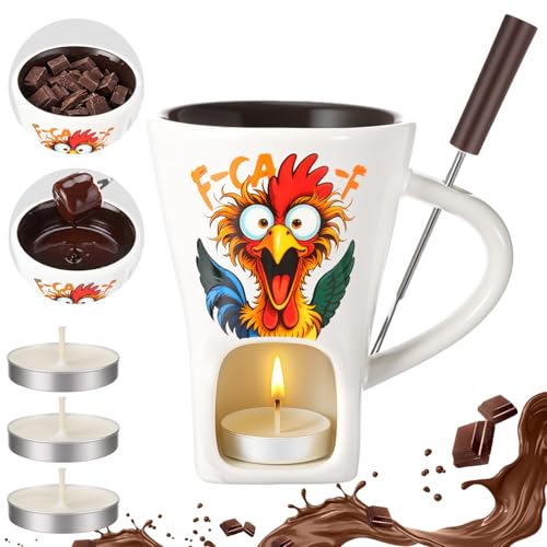 Honeydak White Chicken Chocolate Fondue Mug with Fork and 3 Tealights Cup - color: White, style: Chicken