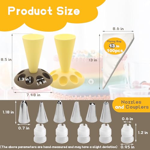 2 Pack Piping Bag Holder – Piping Bag Holder Stand for Filling, Icing Bag Holder, Pastry Bag Holder Stand with 8 Nozzle Slots, Includes 100 Pcs 13 in Piping Bags, 6 Icing Nozzles & 5 Couplers - color: Yellow and Brown