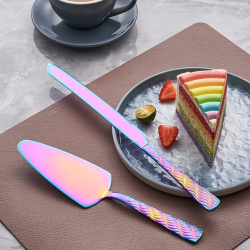 Rainbow Cake Cutting Set, Stainless Steel Cake Knife and Server, Cake Pie Cutter Set for Wedding, Birthday, Party - color: Rainbow