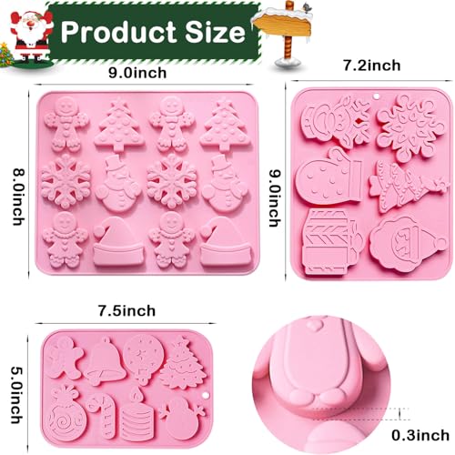 3PCS Christmas Silicone Cookie Molds, Xmas Chocolate Molds Holiday Gummy Candy Butter Mold Wax Melt Mold Christmas Tree Gingerbread Snowman Snowflakes Socks Bells Santa Hat Baking Mold (Xmas-Pink-B) - color: Xmas-Pink-B