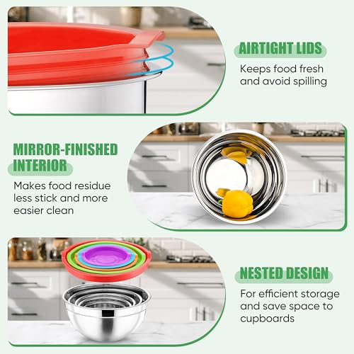 P&P CHEF Metal Mixing Bowls with Lids Set, Airtight Lids & Multicolor - color: Multicolor, style: Airtight Lids