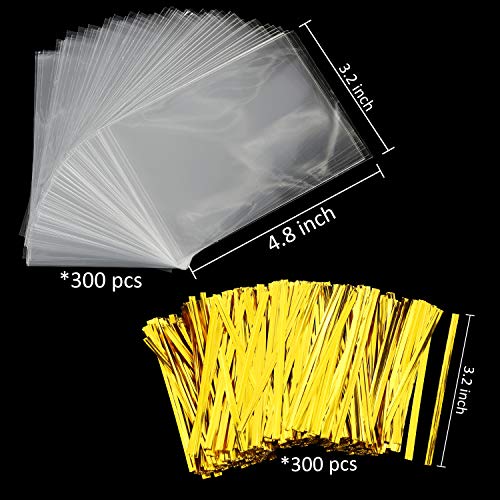 Cake Pop Bags, Augshy 300 Pcs Cellophane Treat Bags 3x5 with 300 Twist Ties 1.4 mils Thickness OPP Plastic Bags for Lollipop Candy Chocolate Cookie Wrapping Buffet (Pack of 3) - size: 3x5 Inches (Pack of 3)
