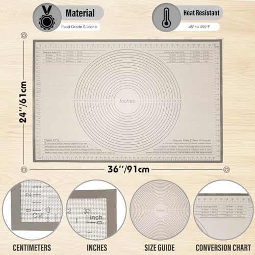 Silicone Pastry Mat 36x24 Inch Nonstick Baking Mat -Perfect for Dough, Pastry, Dough Rolling, Kneading Board, Pie Crust, Fondant, Pasta/Pizza, Kitchen Counter Mat - color: Gray, size: 24"L x 36"W