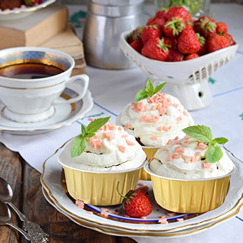100Pcs Aluminum Cups with Lids,5oz Disposable Ramekin Baking Cups Muffin Liners Mini Pie Pans Foil Cupcake Containers for Christmas Party Wedding Party,Gold - color: Gold