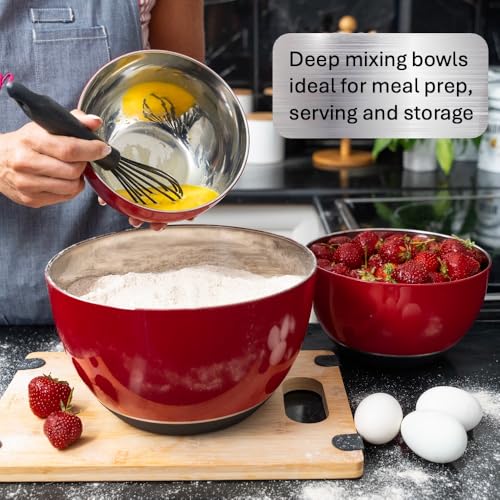 WHYSKO Stainless Steel Mixing Bowls Set, 3-Piece with Silicone Base - color: Red