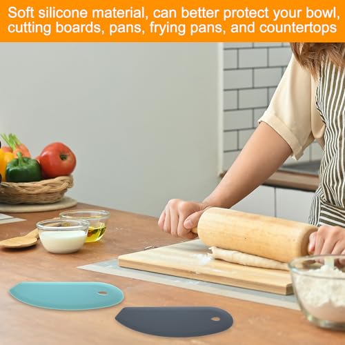 2pcs Silicone Dough Scraper, Curved Edge Bench Scraper & Stainless Steel Sheet Flexible Pastry Scraper Bread Cutter Bowl Pan Scraper Tool for Baking Sourdough Bread Proofing Cake Basket(Pink, Grey)