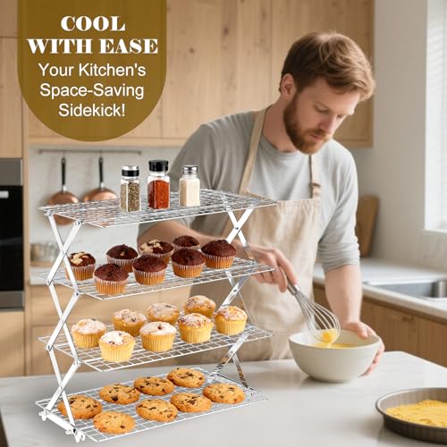 BEWOS 4 Tier Collapsible Cooling Rack - Adjustable Stainless Steel Baking Rack with Leak-Proof Mesh, X-Shaped Structure Cooling Rack for Cooking and Baking, Dishwasher Safe - color: Silver, size: 4 Tier
