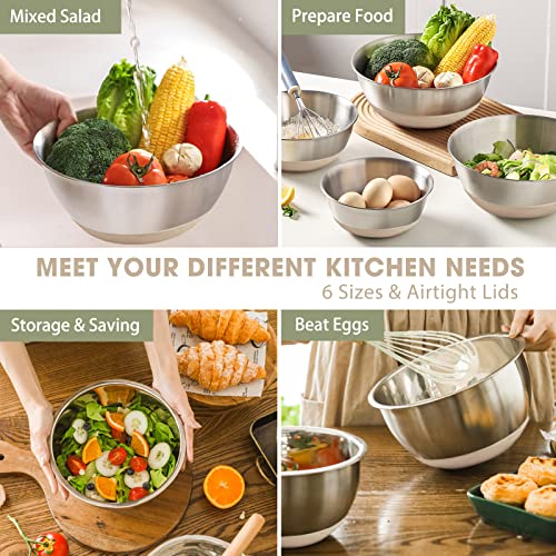 Umite Chef Mixing Bowls with Airtight Lids, 6 piece Stainless Steel Metal Nesting Storage Bowls, Non-Slip Bottoms Size 7, 3.5, 2.5, 2.0,1.5, 1QT, Great for Mixing & Serving (Khaki) - color: Khaki