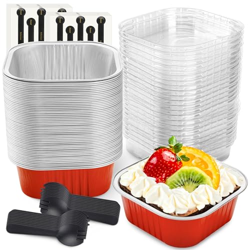 NPLUX Square Cake Pans with Lids, 50 Pack Red 10oz for Seasonal Baking - color: Red, size: 10 OZ