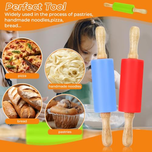 4 Pack Mini Rolling Pin for Kids 9 Inch, Non-Stick Wooden Handle - color: orange + red + blue + green