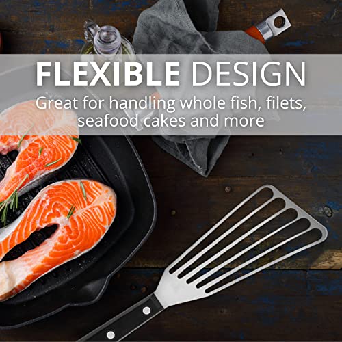 Slotted Stainless Steel Fish Spatula - 11-inch Thin, Heat Resistant with ABS Handle - Turner for Meat, Eggs, Nonstick Cookware