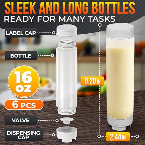6-Pack Inverted Condiment Squeeze Bottles for Sauces 16 oz, Squirt Bottles