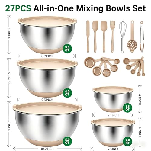 Deedro Mixing Bowls with Airtight Lids, Stainless Steel Mixing Bowls Set - color: Khaki
