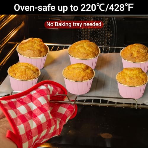 EUSOAR Cupcake Cups, 50pcs 3.5oz Aluminum Mini Cheesecakes Holders Disposable Ramekins, Muffin Liners with Lids Foil Wrappers Cupcake Containers Baking Cups for Birthday Wedding Party Festival - color: Pink/Gold, size: 50pcs