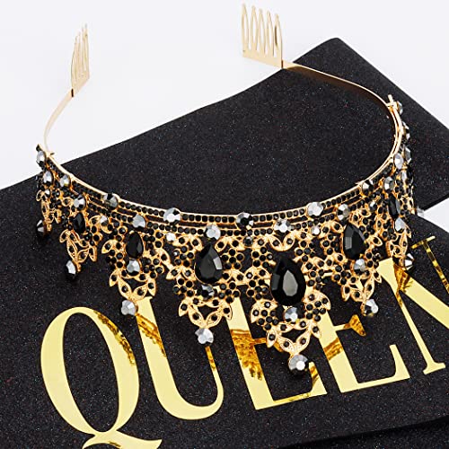 "BIRTHDAY QUEEN" Sash and Tiara for Women Crystal Tiara and Satin Kit for Girl Rhinestones Crown with Comb Glitter Hair Accessories for Prom Party Decoration Cake Topper Accessory Set with Pin - color: Black Gold Tiara+Black Gold Sash
