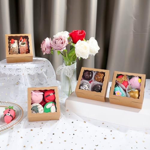 50 Pack Cookie Boxes with Window 4x4x2 Inch,Bakery Boxes - color: Brown