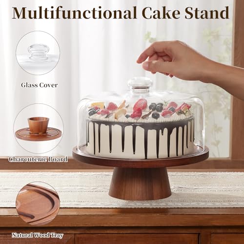 VIVIRBIEN 12in Acacia Wood Cake Stand with Glass Dome&Magnetic Pedestal