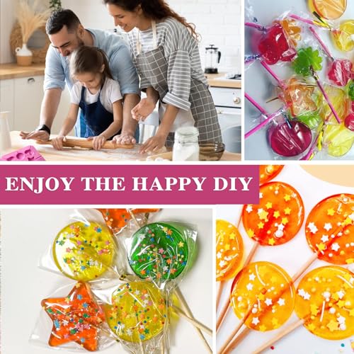 8 Capacity Silicone Lollipop Molds,Hard Candy Chocolate Sucker Mold with 2pcs 3.15 inch Lollypop Sucker Sticks,Candy Treat Bags,Gold Ties - color: 2p