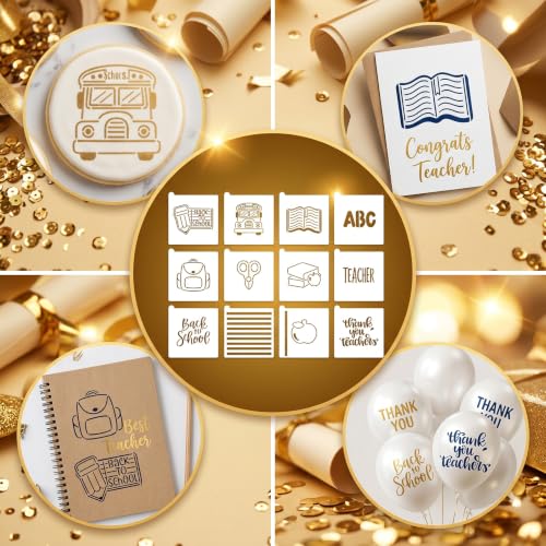 12PCS 4x4 Inch Back to School Cookies Stencils for Baking