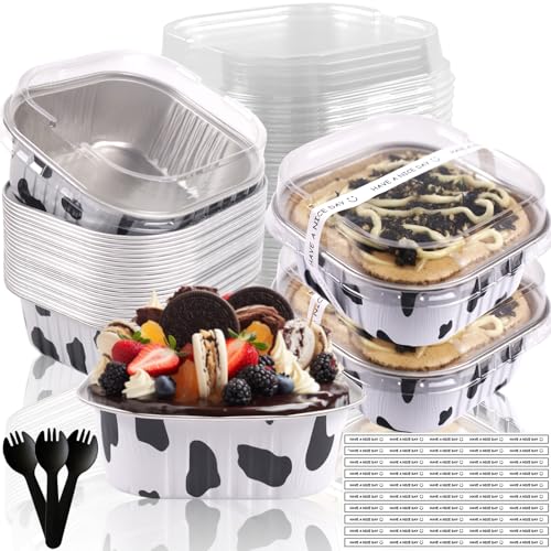 10oz Mini Cake Pans With Lids 50 Pack ,Mini Loaf Pans 4”x4” Cake Container - color: 10OZ-Cow Print