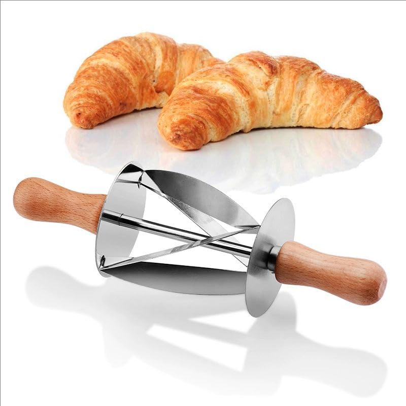 Stainless Steel Croissant Cutter Roller with Ergonomic Wooden Handle, Professional Croissant Rolling Knife & Dough Cutter Wheel, Modern Pastry Croissant Maker for Home Baking, 7.6 x 2.3 Inches