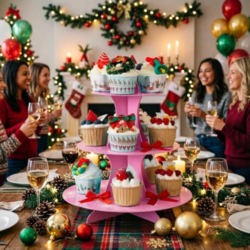 YLDW Cupcake Stand, 3-Tier Cupcake Stand Display, Cardboard Cup Cake Tower Stand, Disposable Dessert Stand for Birthday Tea Party Baby Shower Treat Decorations, Pink - color: Pink