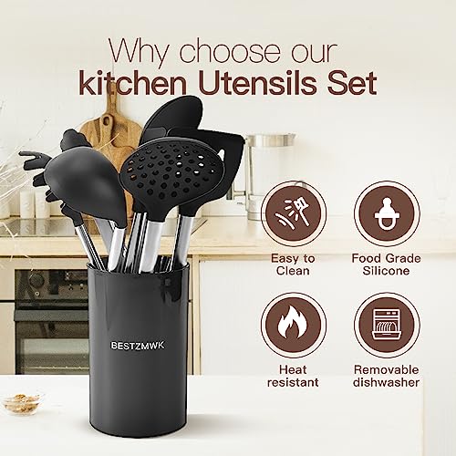 Kitchen Utensils Set-Silicone Cooking Utensils-32 pcs Non-Stick Silicone Cooking Kitchen Utensils Spatula Set with Holder-Best Kitchen Cookware with Stainless Steel Handle (Black) - color: Black