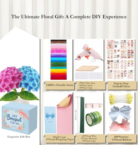 1300Pcs Pipe Cleaner Flowers Kit with Glue Gun, DIY Crafts Bouquet ASMR - color: Colorful