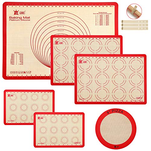 GUANCI Silicone Baking Mat Set of 6, Includes 25"x17.5" Large, 2 Medium 16.5"x11.6", 2 Small 11.75"x8.25", 9" Round, All Mats 0.70mm Thick, Non-Stick Reusable Baking Mats for Pizza, Cookie, Bread - color: F-6Red