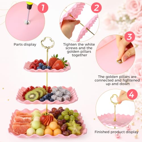 6 Pack of Plastic Square Dessert Cupcake Stand, 3 Tier Pink Cup Cake Holder Display Tower Dessert Tiered Serving Trays for Wedding Birthday Baby Shower Tea Party Decorations