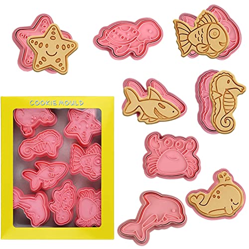 8 Piece Ocean Cookie Cutters With Plunger Stamps Set - color: Ocean Creature Cookie Cutters With Plunger Stamps