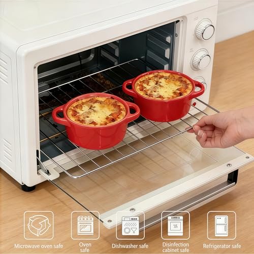 Mini Dutch Oven Set of 4, 14 oz Ceramic Mini Dutch Ovens with Lids and Handles, Ramekins with Lids for French Onion Soup, Pot Pies, Soufflés and Baked Desserts, Oven Microwave Dishwasher Safe, Mini Cocotte，（Red） - color: Red